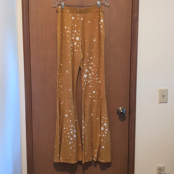 Mustard Yellow Star Print Flared Soft Pants - Picture 2 of 5